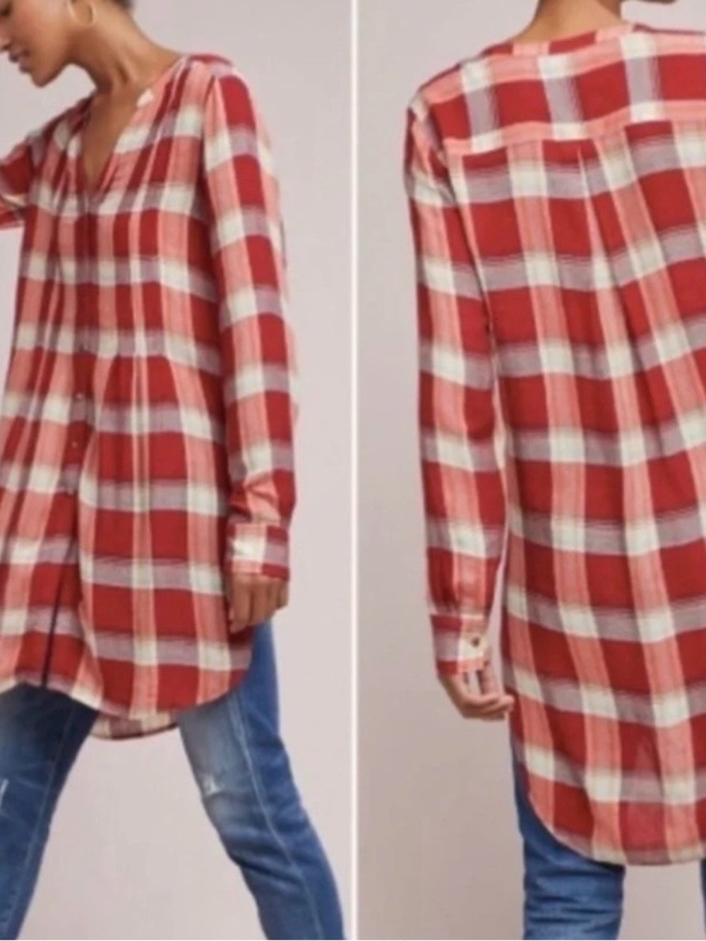 Anthropologie Akemi + Kin Red and White Plaid V-Neck Tunic
